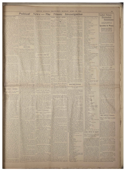 Titanic Newspaper Coverage in 2 Months of ''The Boston Evening Transcript'' From 1 March-30 April 1912 -- Includes Over 3 Dozen Titanic Ads Before the Sinking & a ''Titanic Disaster Special'' Issue